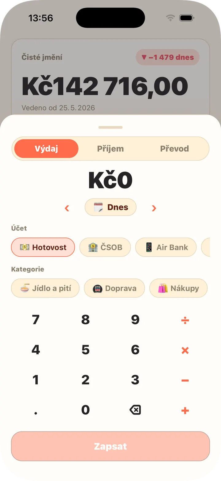 Kalkulačka uvnitř, účet i kategorie najednou