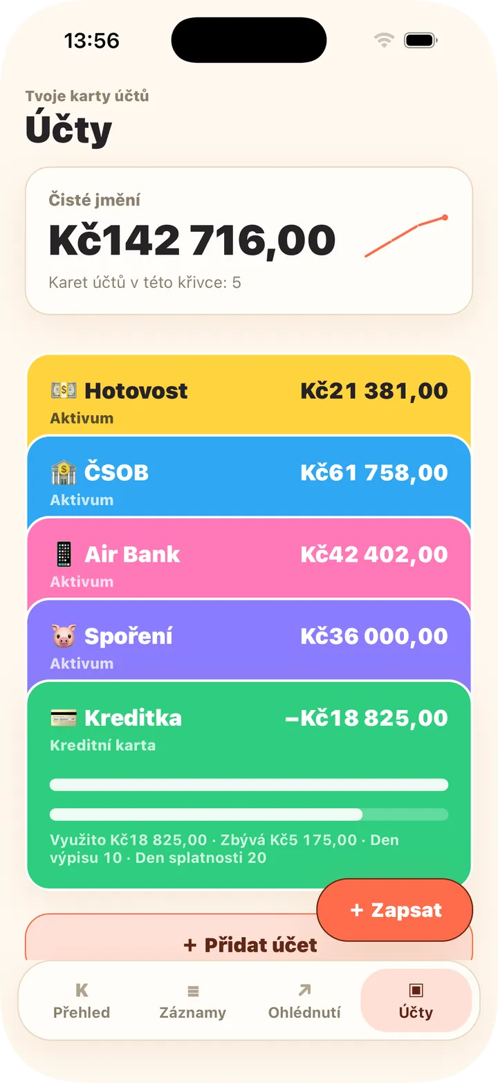 Hotovost, banka, kreditka — jmění se počítá samo