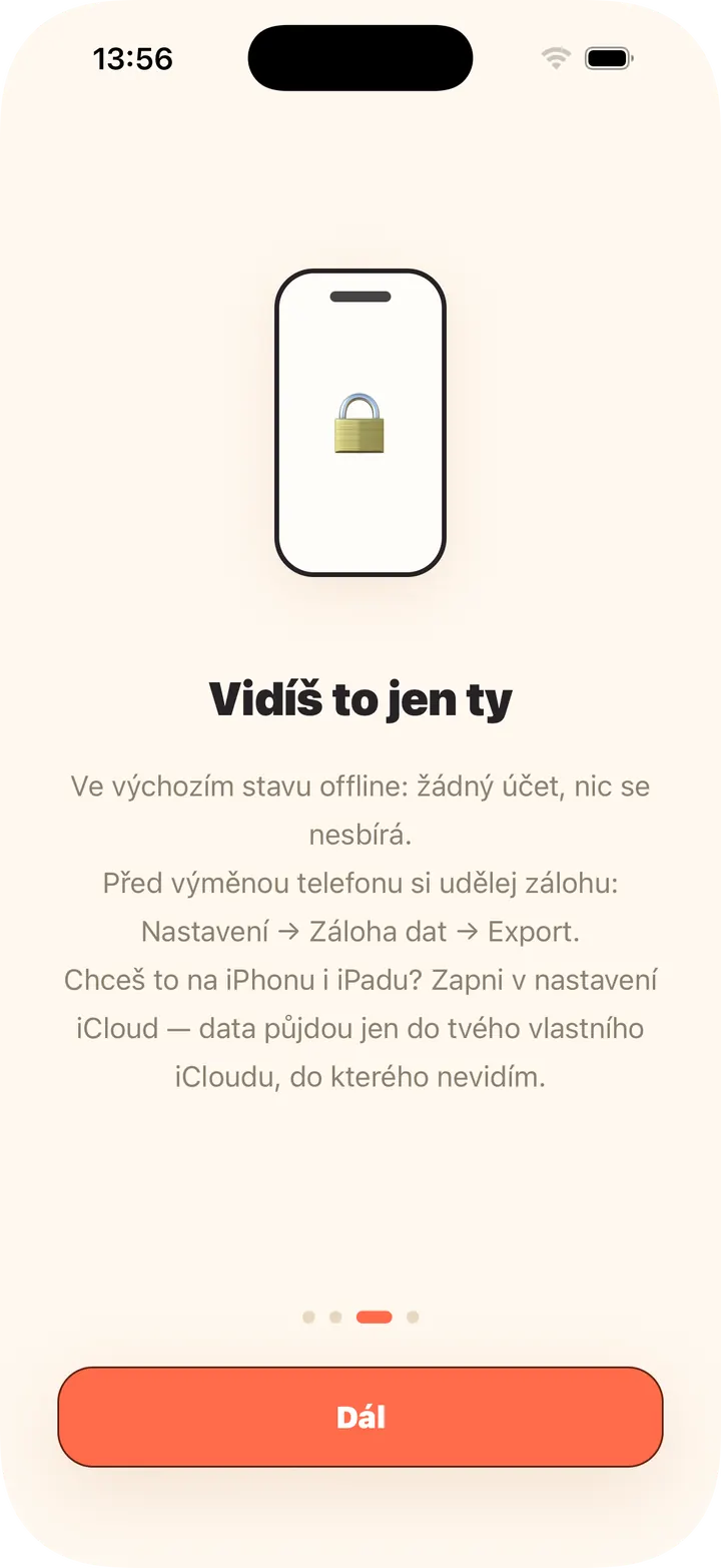 Offline ve výchozím stavu, bez účtu; iCloud volitelně