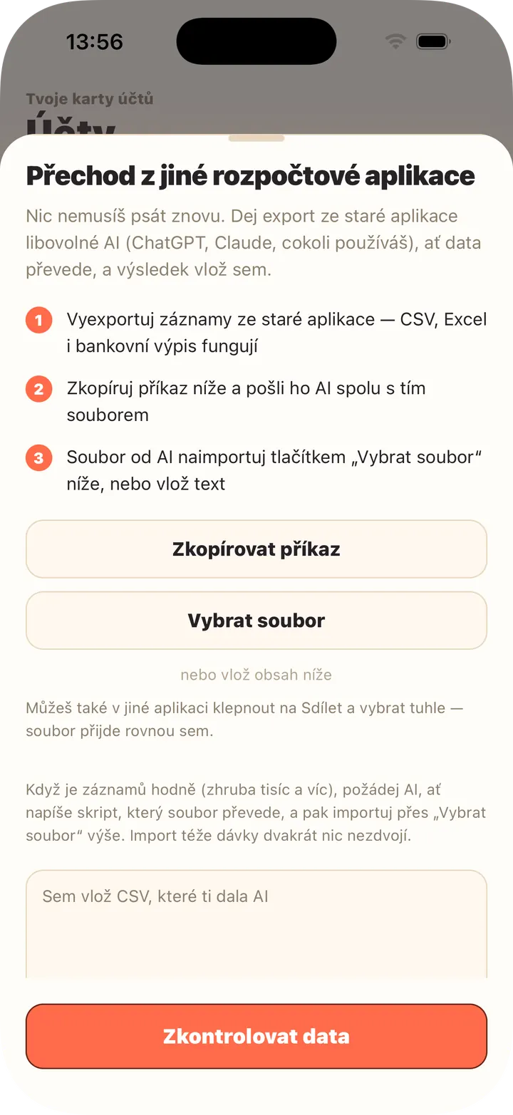 AI převede export — vlož ho nebo vyber soubor