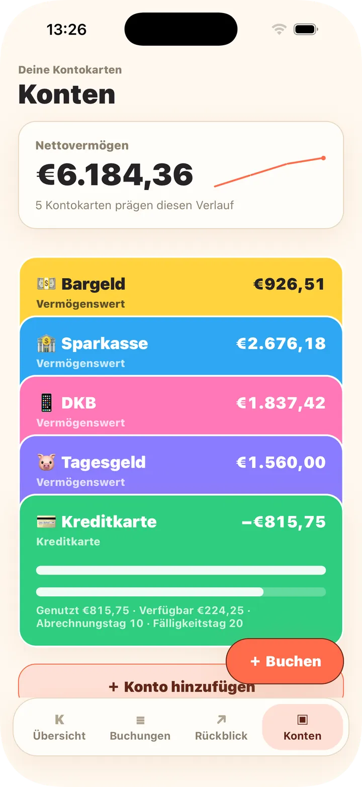 Bargeld, Bank, Kreditkarte — Vermögen automatisch