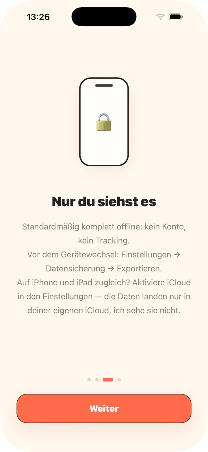 Standardmäßig offline, kein Konto; iCloud optional