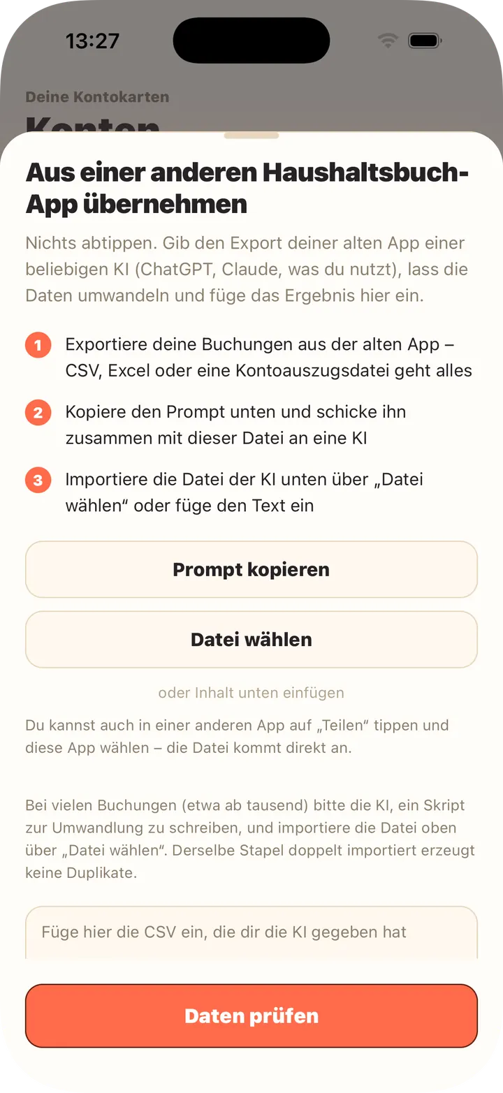 KI wandelt den Export um — einfügen oder Datei wählen
