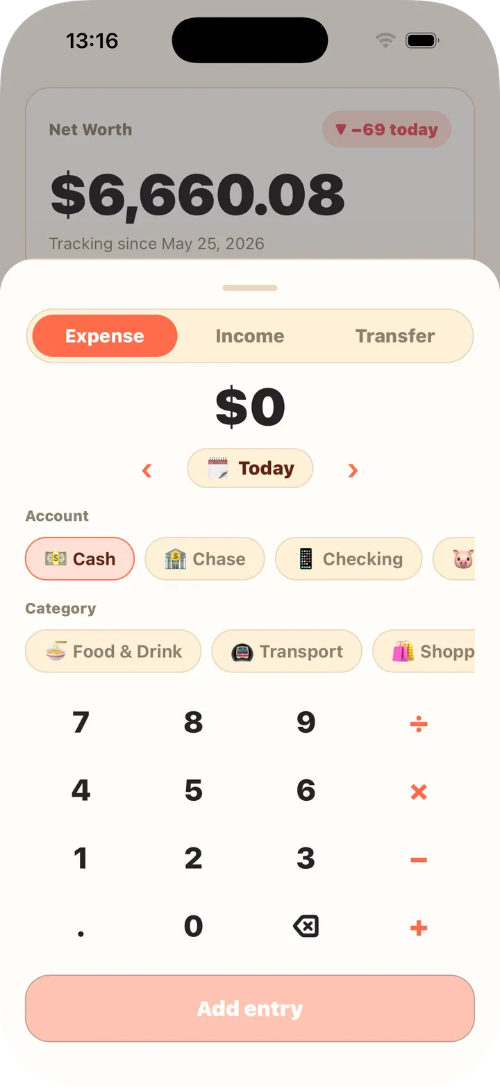 Built-in calculator, account and category in one pass