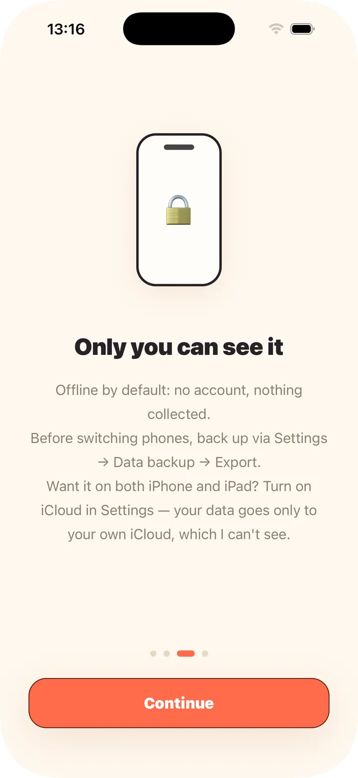 Offline by default, no account; iCloud sync optional