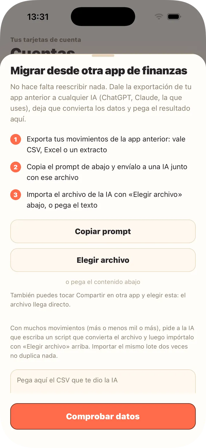 La IA convierte la exportación — pega o elige el archivo
