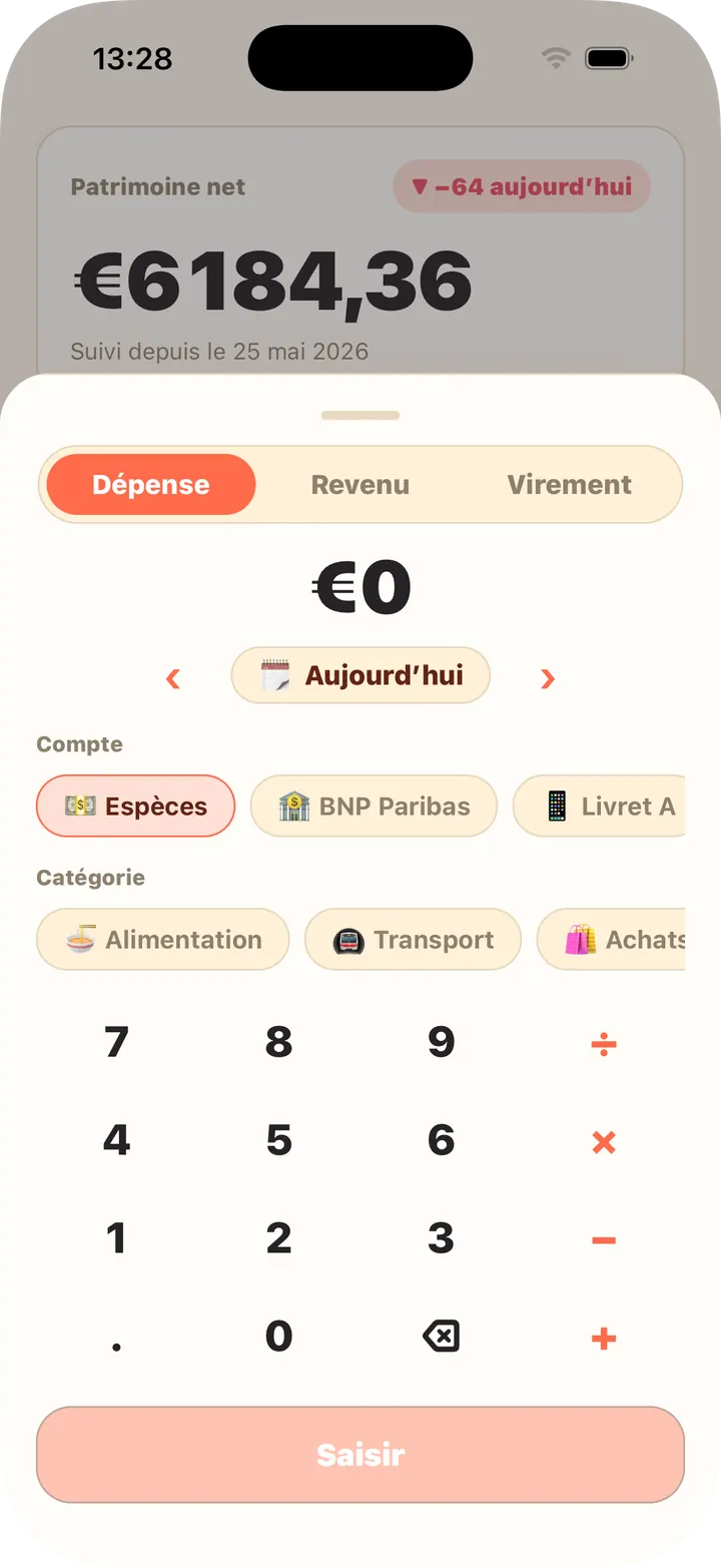 Calculatrice intégrée, compte et catégorie en une fois