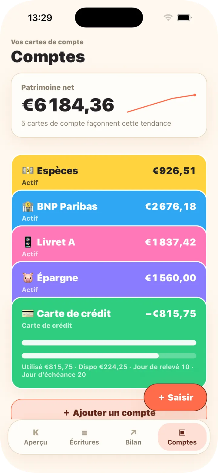 Espèces, banque, crédit — patrimoine calculé