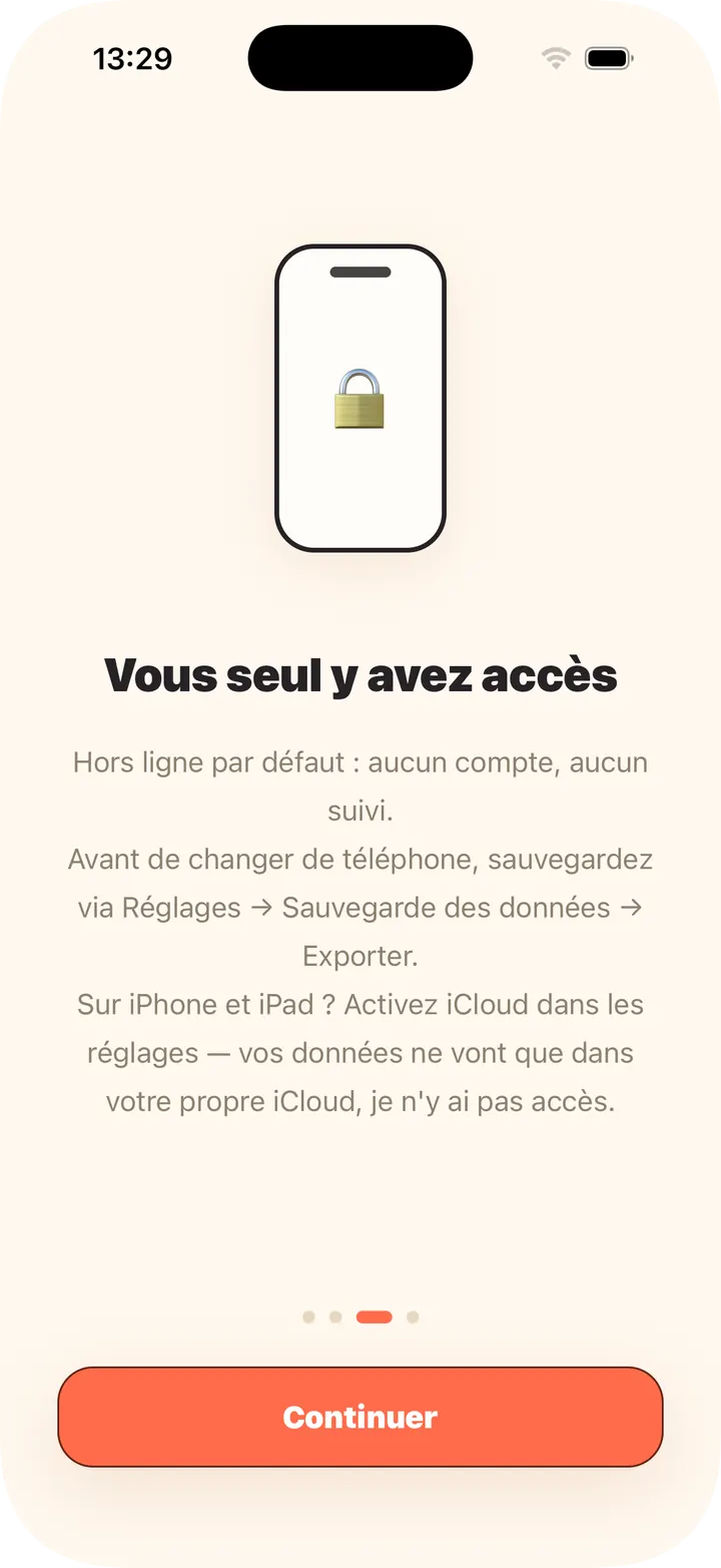 Hors ligne par défaut, sans compte ; iCloud en option