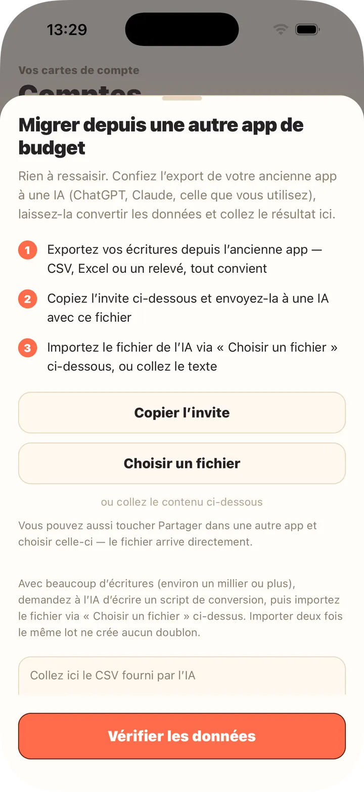 L'IA convertit l'export — collez ou choisissez le fichier