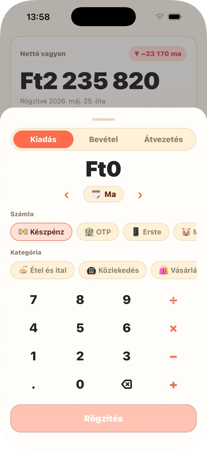 Beépített számológép, számla és kategória egyben