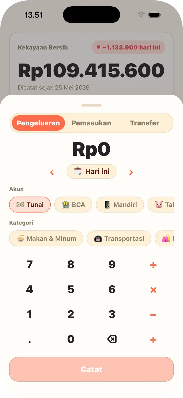 Kalkulator di dalam, akun dan kategori sekali pilih
