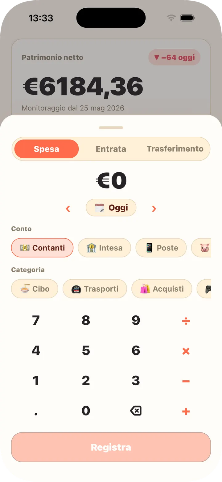 Calcolatrice integrata, conto e categoria in una volta