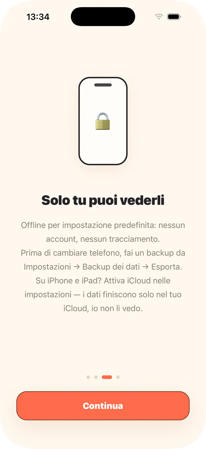 Offline di default, senza account; iCloud opzionale