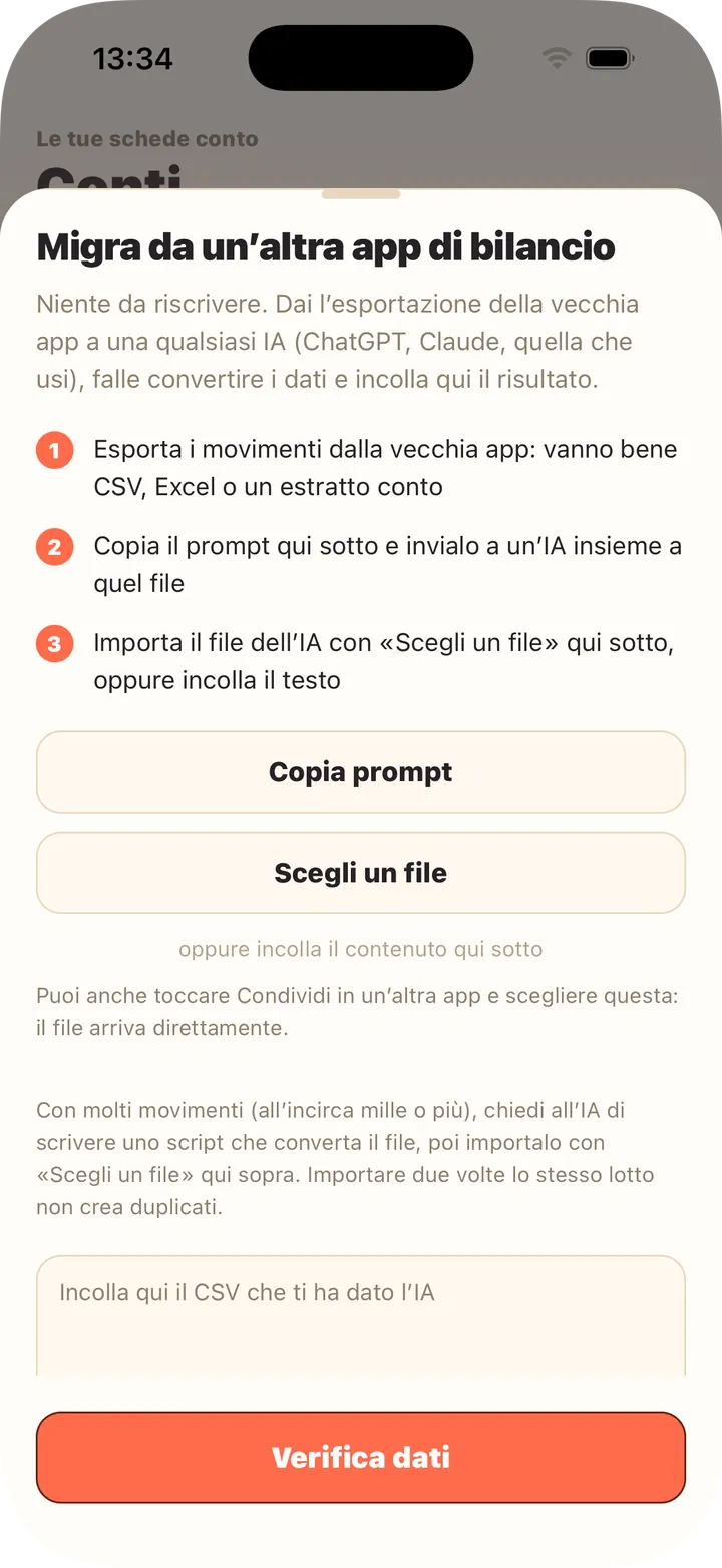 L'IA converte l'esportazione — incolla o scegli il file