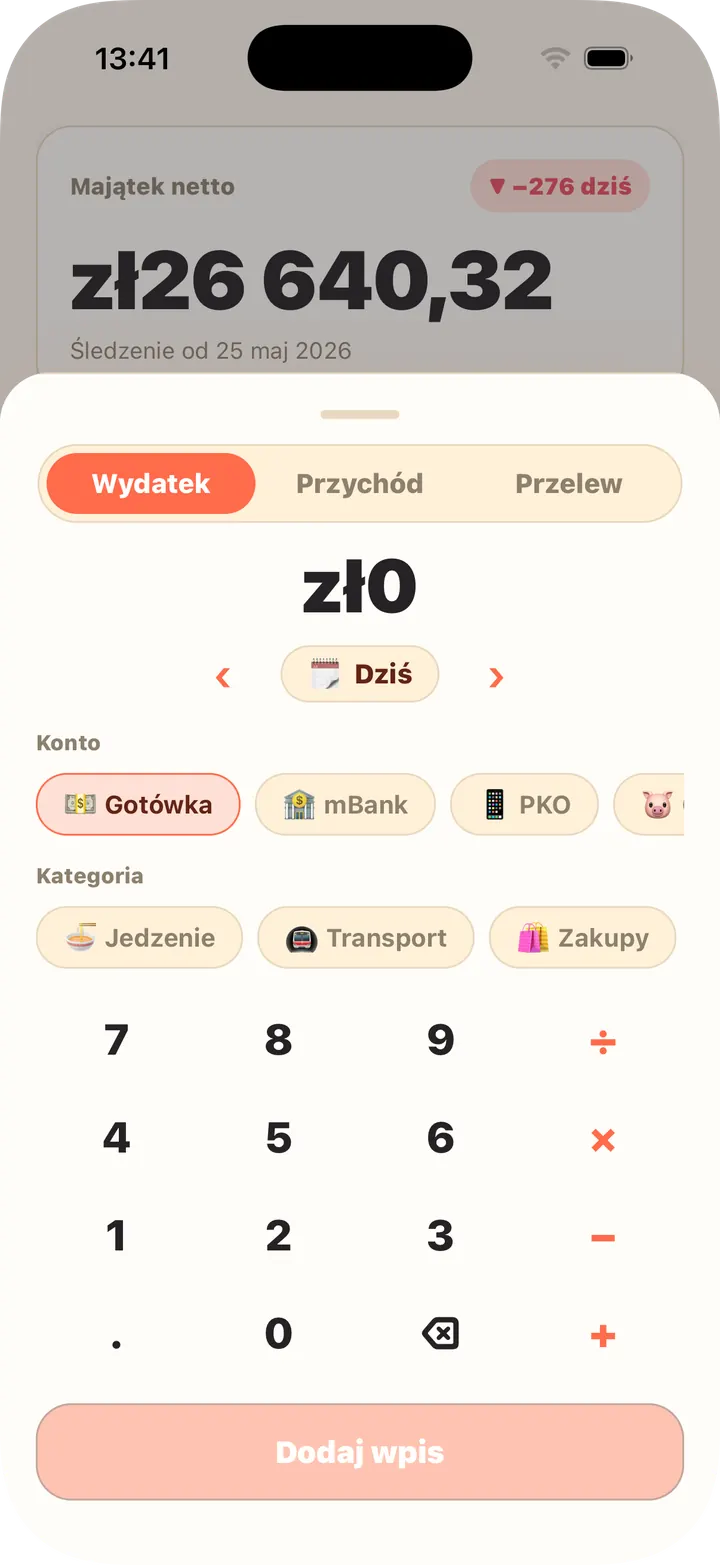 Kalkulator w środku, konto i kategoria za jednym razem
