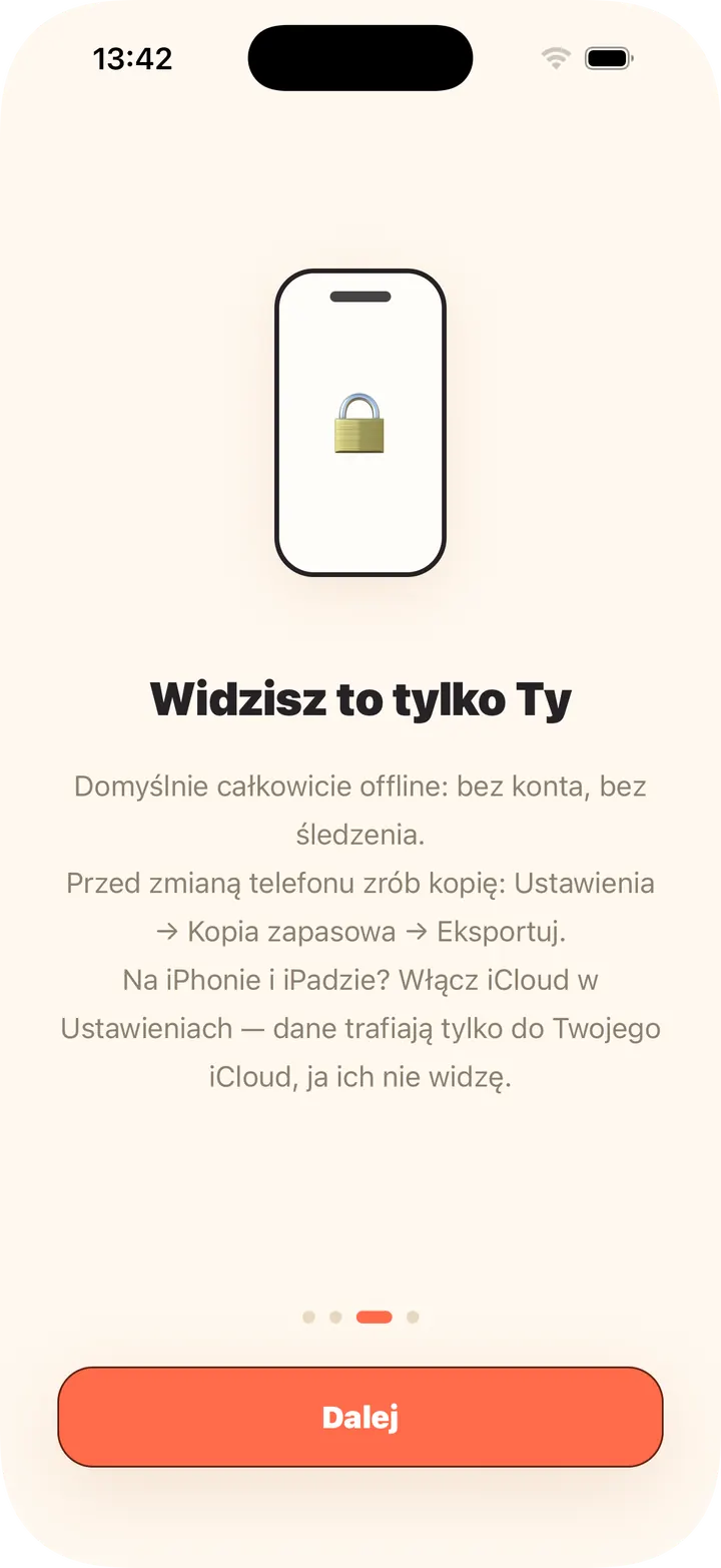 Domyślnie offline, bez konta; iCloud opcjonalnie