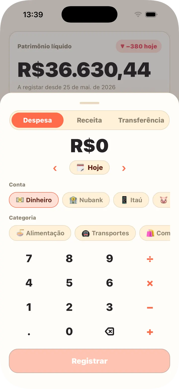 Calculadora integrada, conta e categoria de uma vez