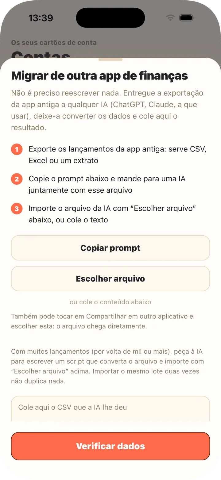 A IA converte a exportação — cole ou escolha o arquivo