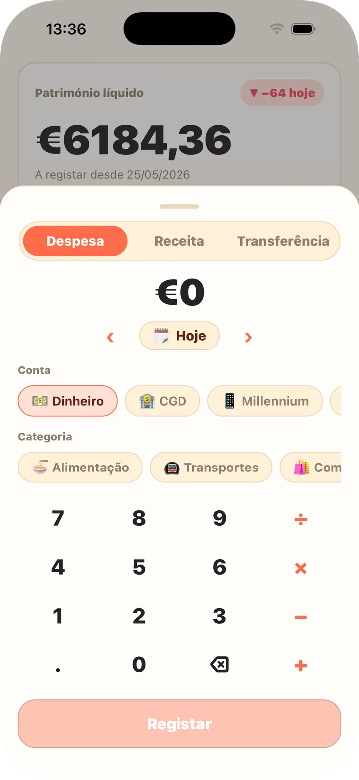 Calculadora integrada, conta e categoria de uma vez