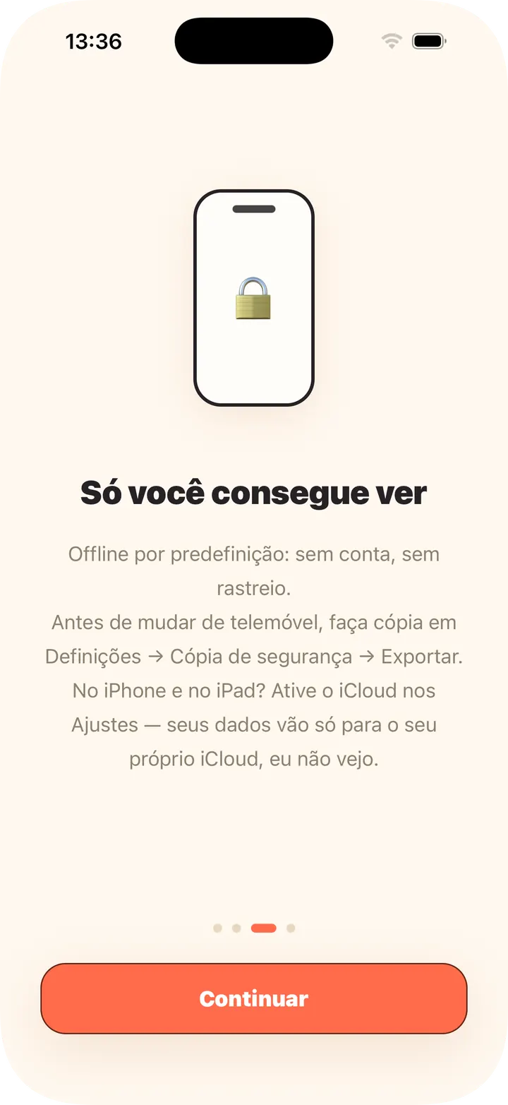 Offline por predefinição, sem conta; iCloud opcional