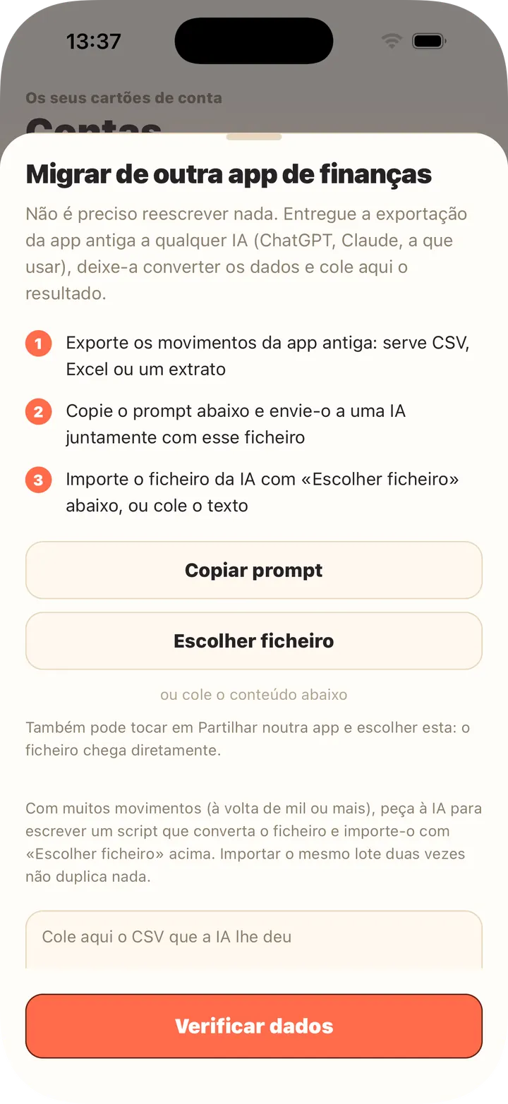 A IA converte a exportação — cole ou escolha o ficheiro