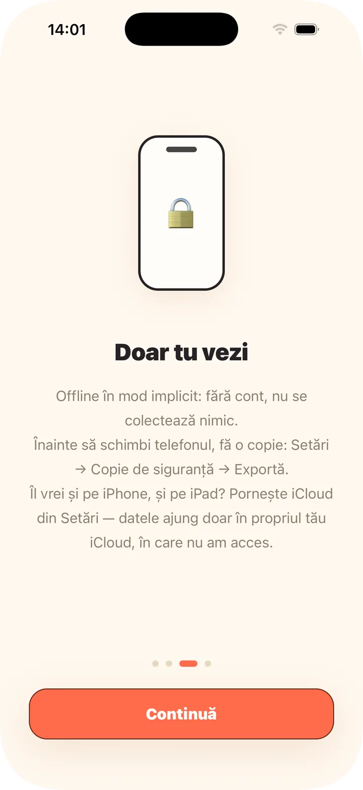 Offline implicit, fără cont; iCloud opțional