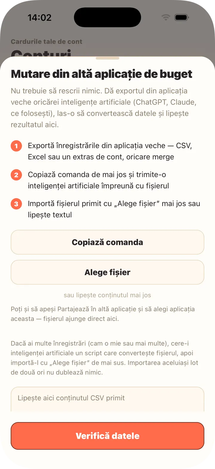 IA convertește exportul — lipește-l sau alege fișierul