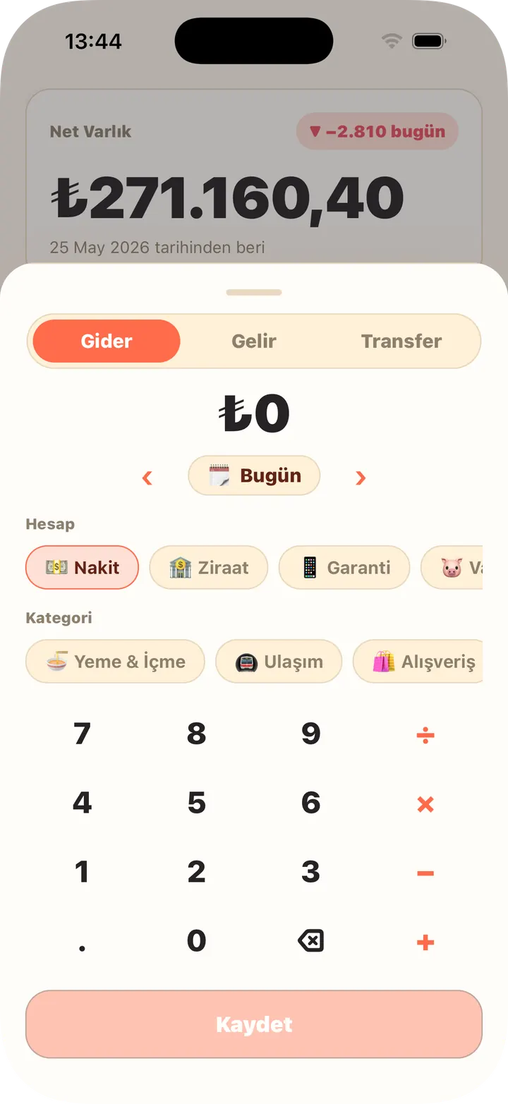 Hesap makinesi içeride, hesap ve kategori tek seferde
