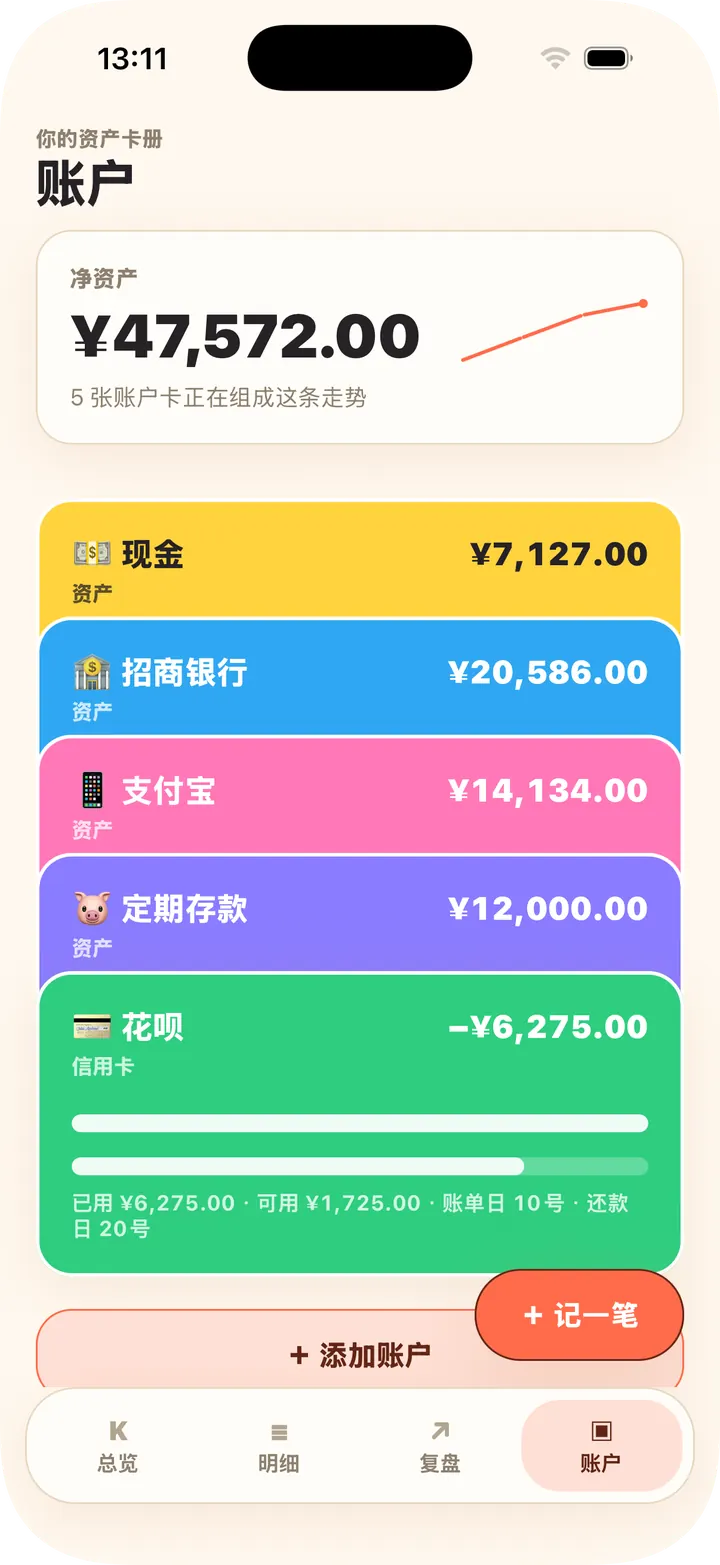 现金、银行、信用卡,自动算出净资产