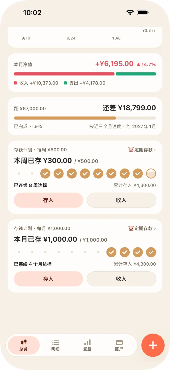 每天、每周、每月存多少，连续达标看得见